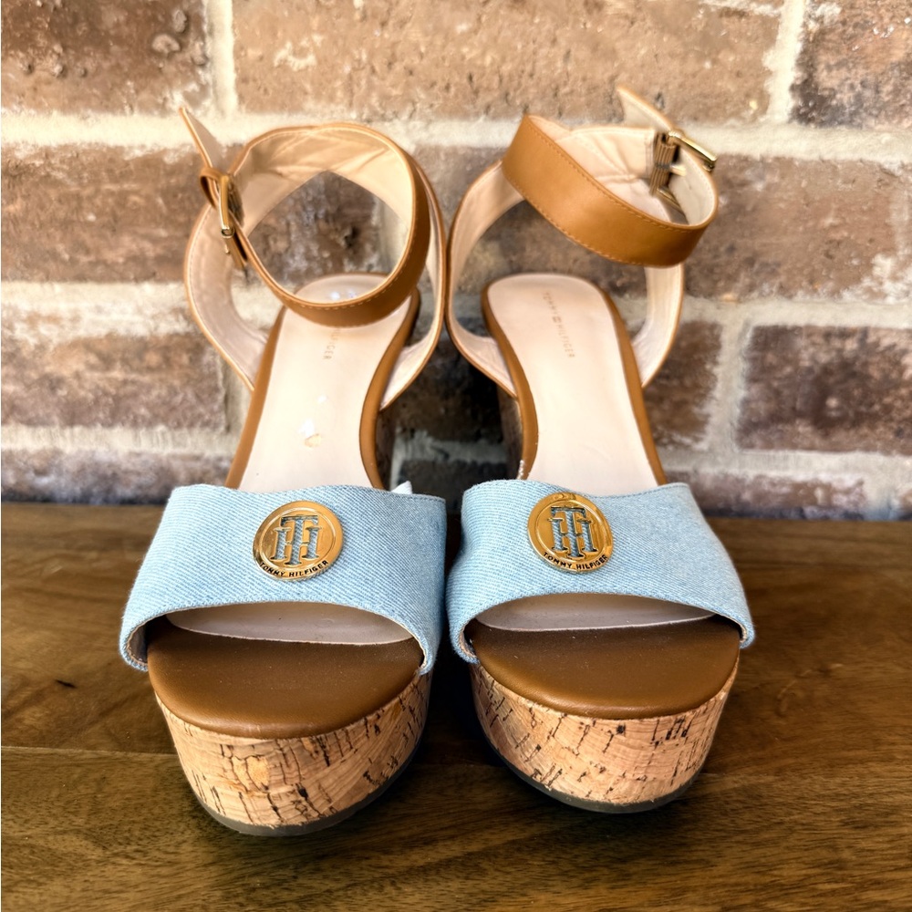 Tommy Hilfiger Tan Cork Platform Sandals with Light Blue Denim Strap